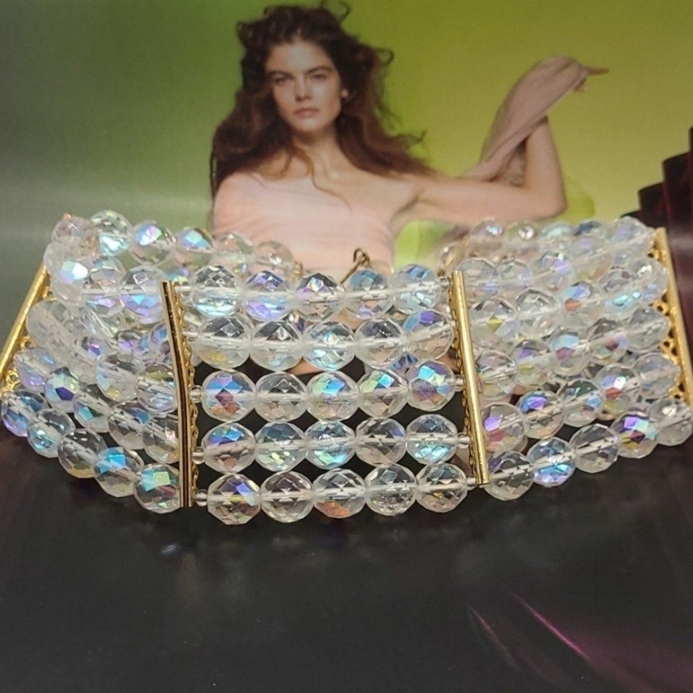 Vintage Aurora Borealis Crystal Beaded Multi-strand Gold Choker Necklace